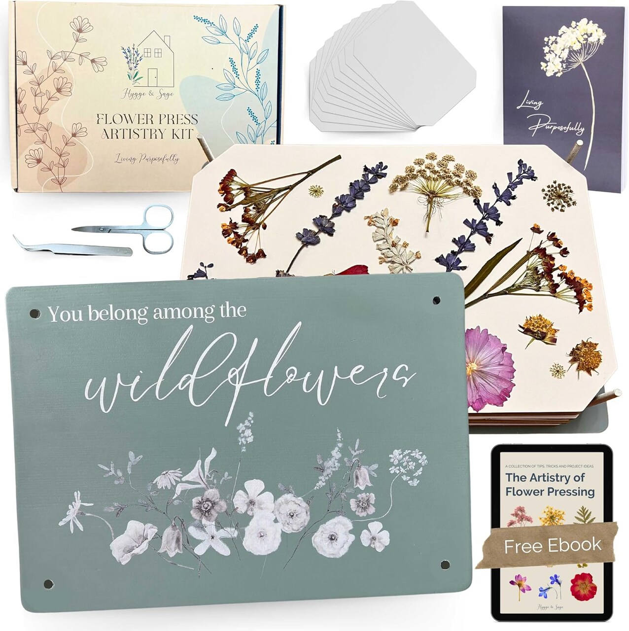 Extra Large Wooden Flower Press Artistry Kit with Nature Journal | 6-Layer, 8 x 11 Inch Flower Pressing Kit for Adults with Extra Blotting Paper, Scissors, Tweezers and Bonus Ebook